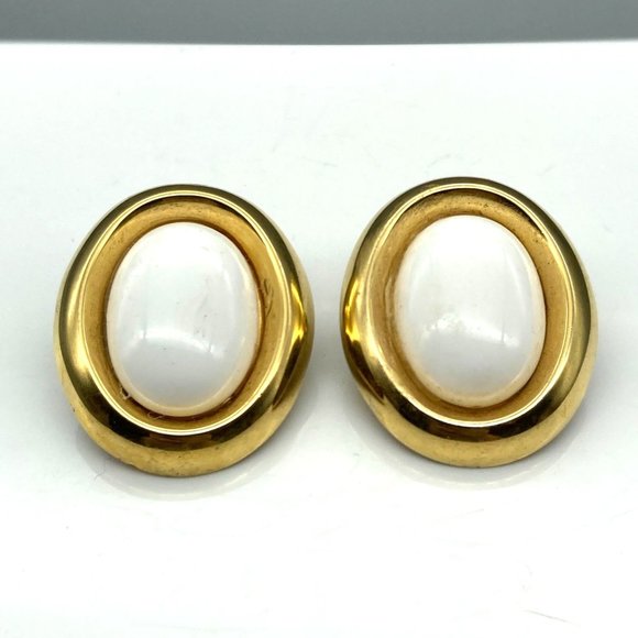 Vintage Monet Oval Cabochon Earrings, White in Gold Tone Frame, Clip On - Picture 2 of 5